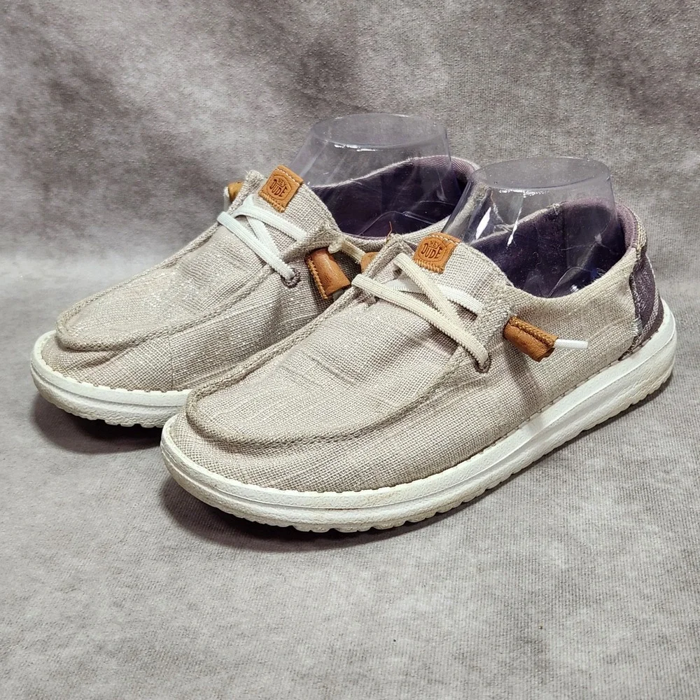Hey Dude Wendy Slub Baja Stripe Lavender Beige Slip On Loafers Womens size 8